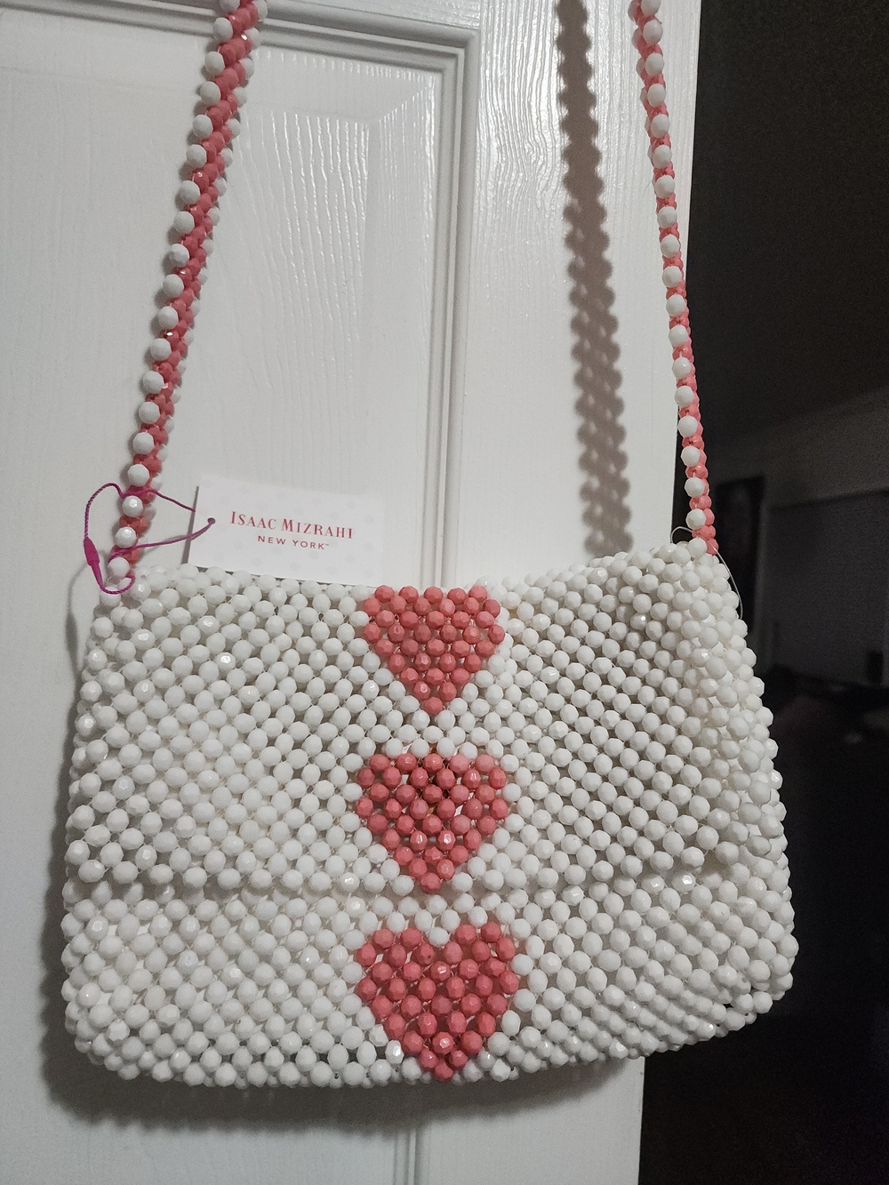 Isaac Mizrahi White Beaded Shoulder Bag with Pink Heart Motif